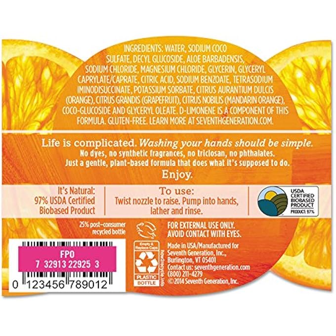 Seventh Generation HAND WASH, MANDARIN ORANGE & GRAPEFRUIT SCENT, 12OZ - Image 3